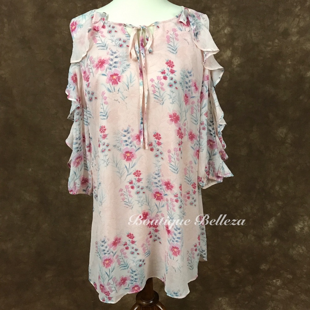 Pink 3/4 Sleeve Ruffle Sleeve Cold Shoulder Dress